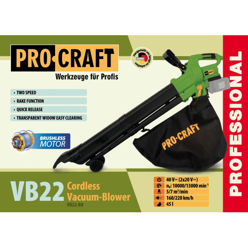 Акумуляторний пилосос-повітродувка Procraft VB22 (без акб та зп)